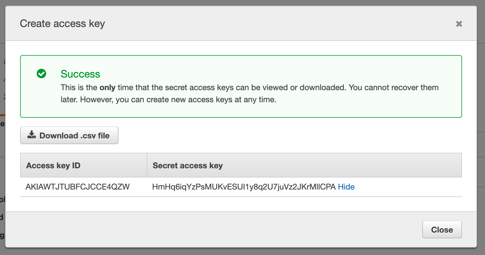 Popup with access key and secret in AWS