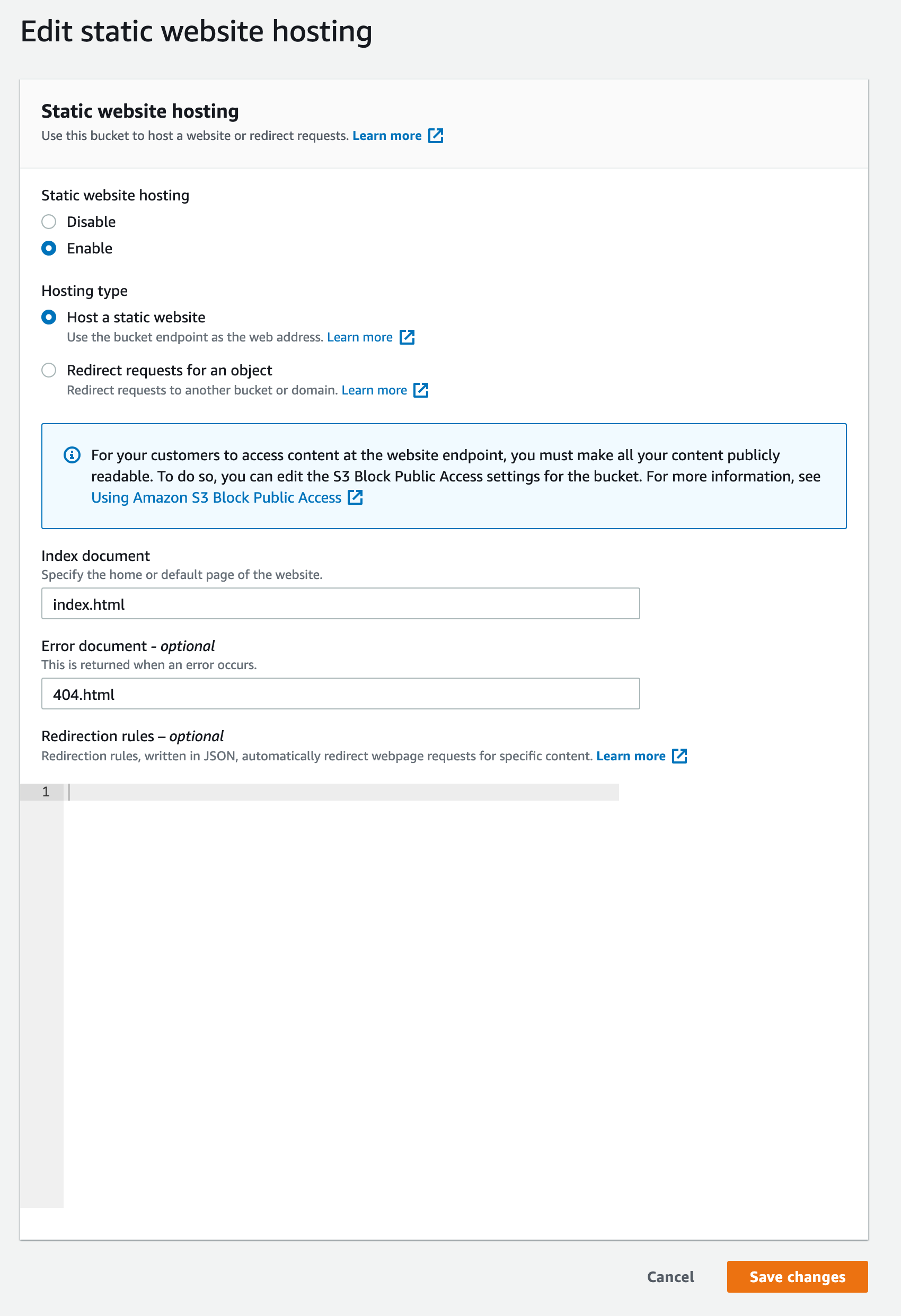 Edit static website hosting panel