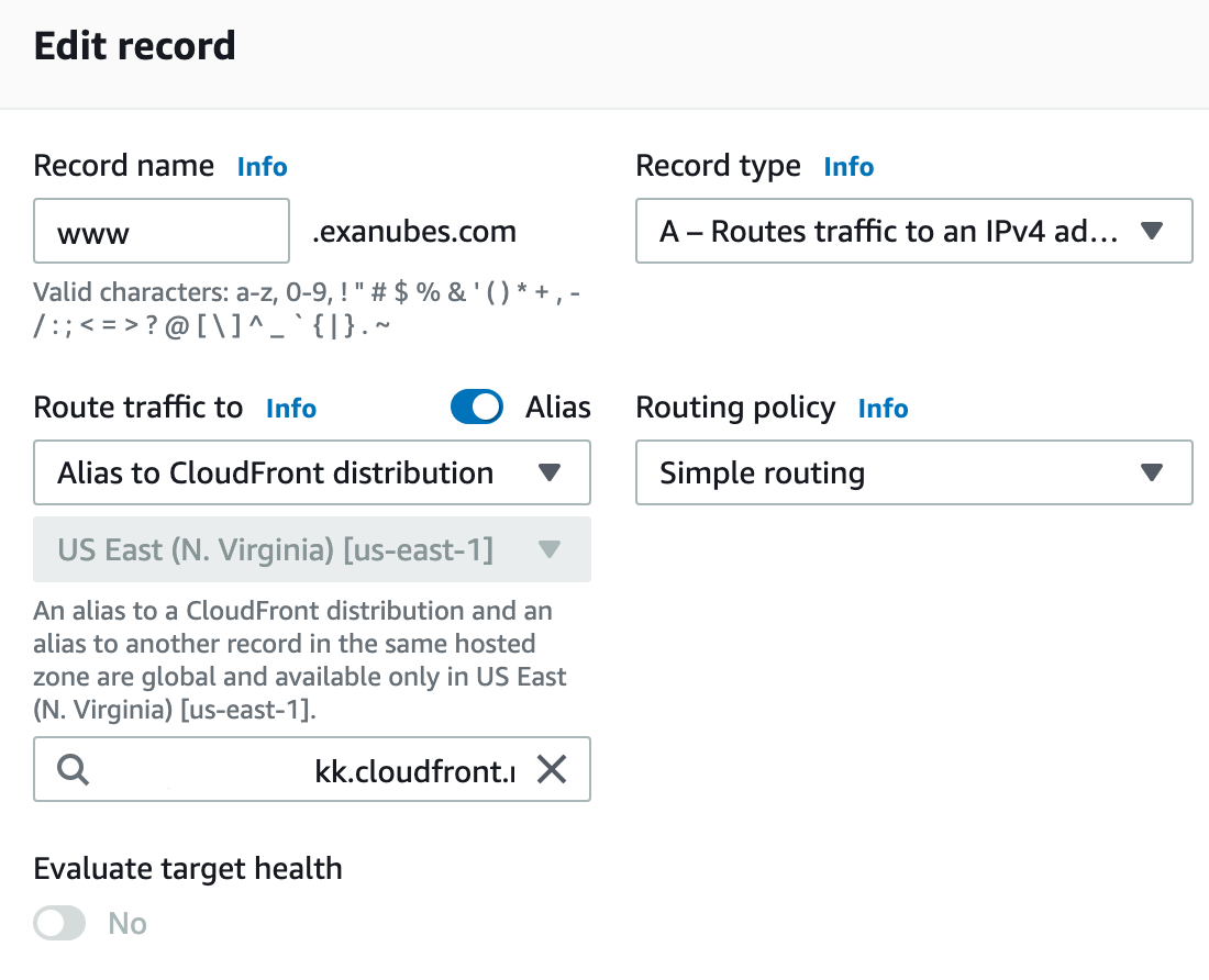A Record alias pointing to cloudfront distribution